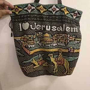 I Love Jerusalem Beaded Drawstring Purse Tote Bag with Colorful Camel